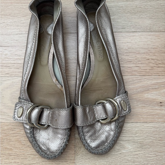 Chloe Shoes - Chloe Metallic Pewter Leather Ballet Flats with Buckle